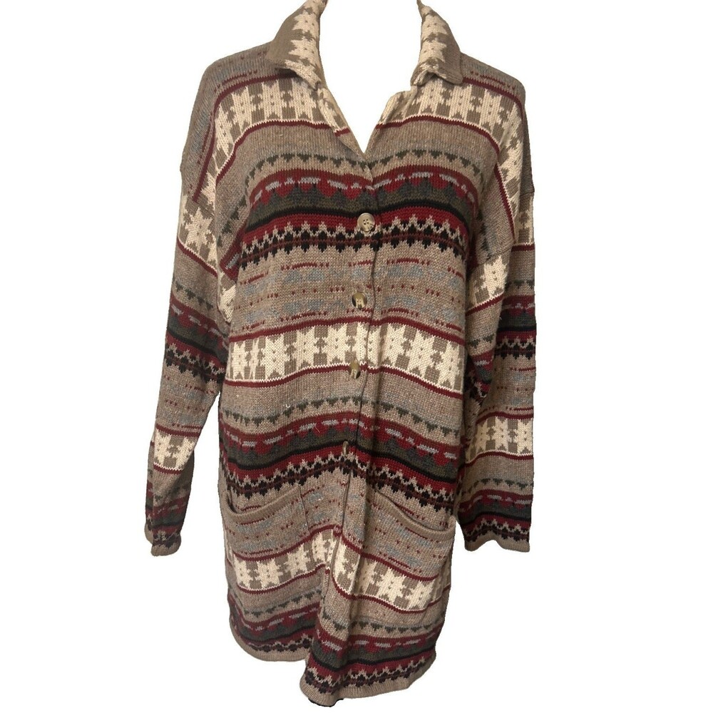 VTG Woods & Gray Sweater Women L Fair Isle Brown Tan Ramie Cotton Cardigan '90